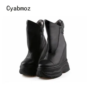 Cyabmoz Genuine Leather Height Increasing Shoes Woman Platform High heels Black Party Women Shoes Zapatos Mujer Tenis Feminino