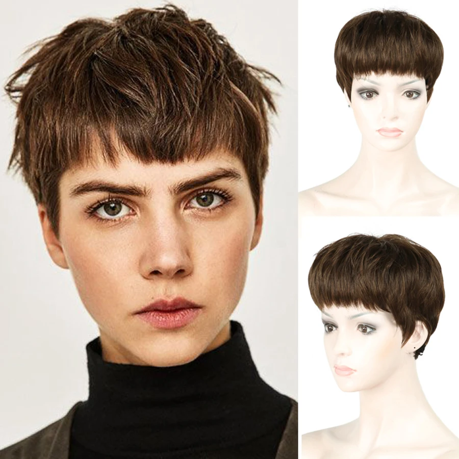 

GAKA Short Brown Wigs for White Women Natural Neat Straight Synthetic Wig with Bangs Heat Resistant Fiber Hair