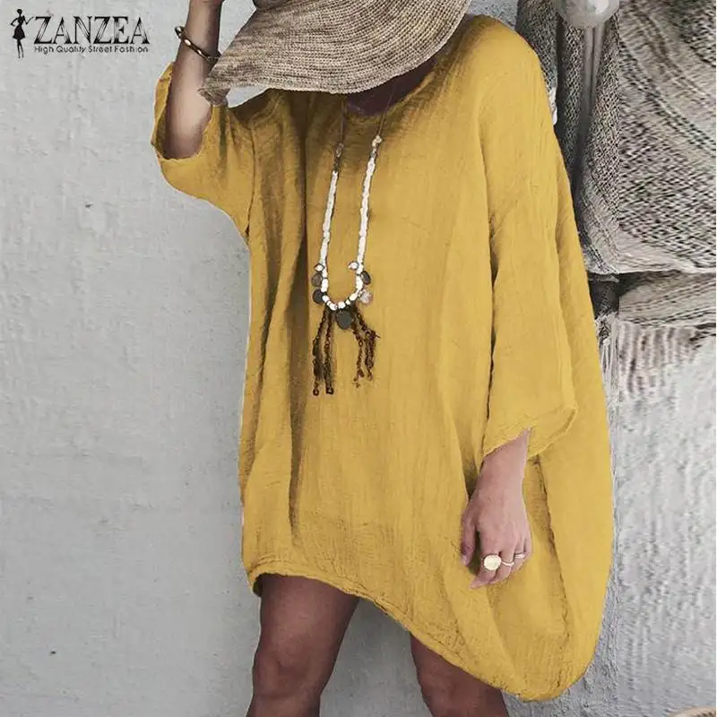 Элегантное женское платье ZANZEA Женские Короткие Vestidos Повседневные однотонные длинные платья с рукавом 3/4 мешковатые хлопковые короткие летние сарафаны