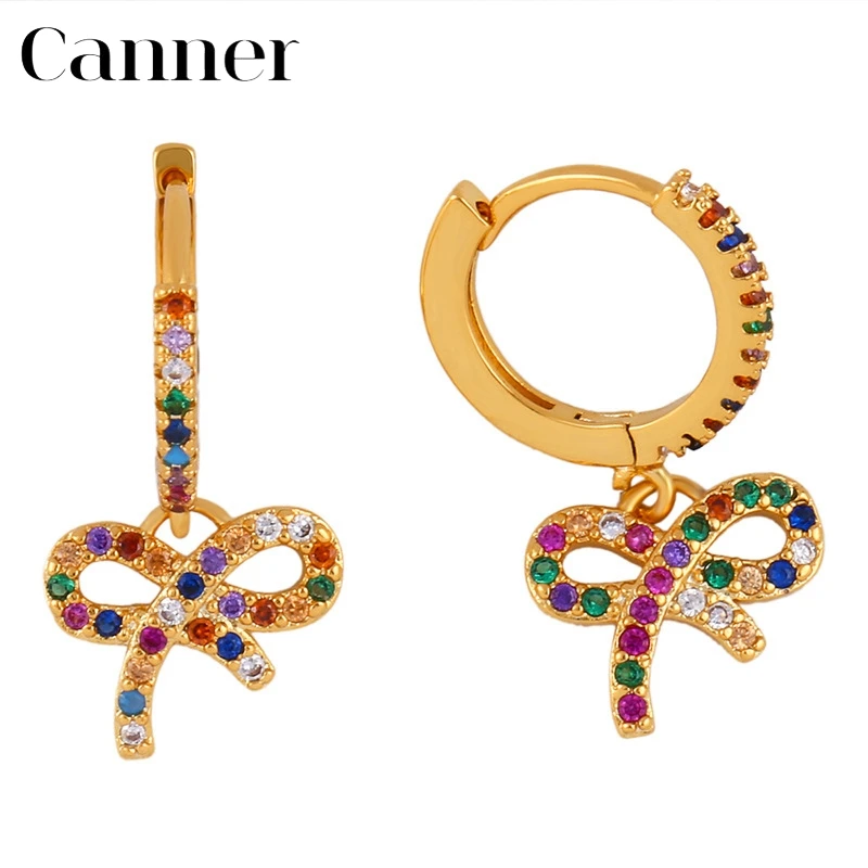 Радужные Кристальные готические серьги-кольца с крестиком для женщин, золотые крошечные серьги в форме сердца и звезды, ювелирные изделия, серьги-гвоздики - Окраска металла: bow-knot