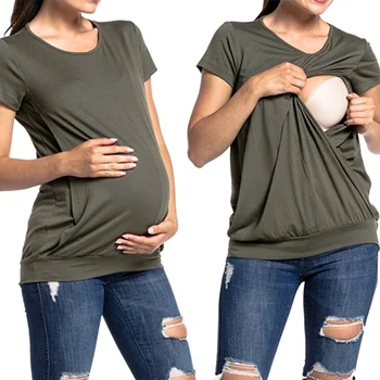 

Short Sleeve Summer Maternity Nursing Tops Polyester Breastfeeding Solid Simple Clothes Easy To Feed Baby Can Be Worn Outside