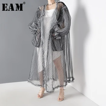 

[EAM] Women Black Dot Mesh Perspective Long Big Size Blouse New Long Sleeve Loose Fit Shirt Fashion Spring Summer 2020 WE92301
