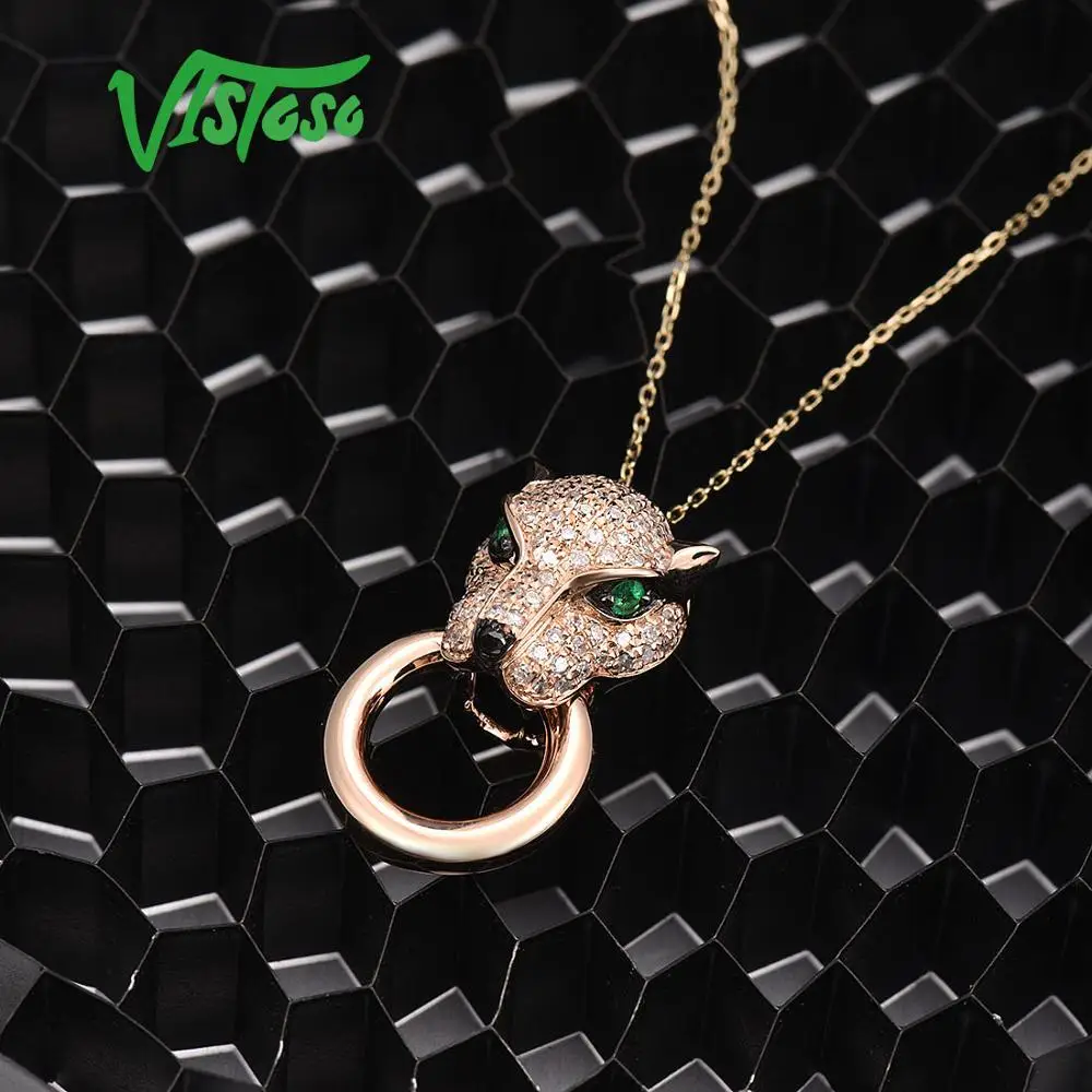 VISTOSO Gold Pendant For Women Genuine 14K 585 Rose Gold Leopard Pendant Emerald Sparkling Diamond Engagement Fine Jewelry 6