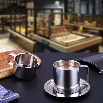 

Stainless Steel Coffee Cup Saucer Set Cappuccino Espresso Double Wall Insulation Lovers Mug Office Water Afternoon Tea Milk Cups