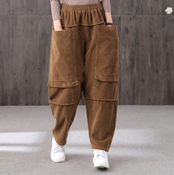 

Women Corduroy Pants Solid Color Autumn Spring 2019 Elastic Saist Big Pockets Harem Vintage Casual Female Loose Women Trousers