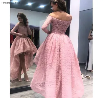 

2019 Cheap Lace High Low Prom Dress Off Shoulder Long Sleeves Formal Holiday Wear Party Gown Custom Made Plus Size