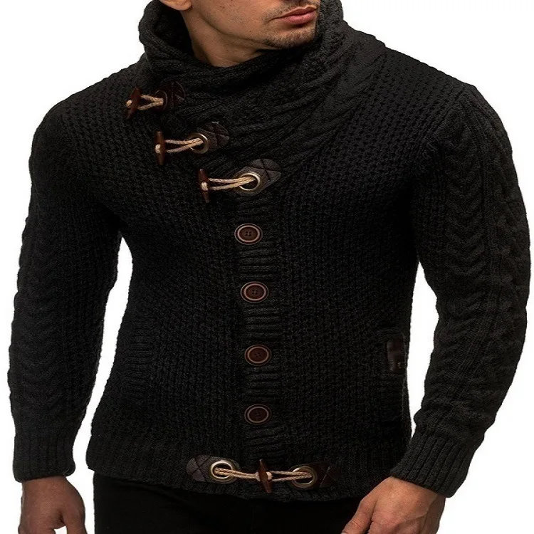 Осенне-зимний мужской свитер, повседневный однотонный, размера плюс, тонкий, с воротником-хомутом, с длинным рукавом, на пуговицах, вязаный мужской свитер, топы, дикие