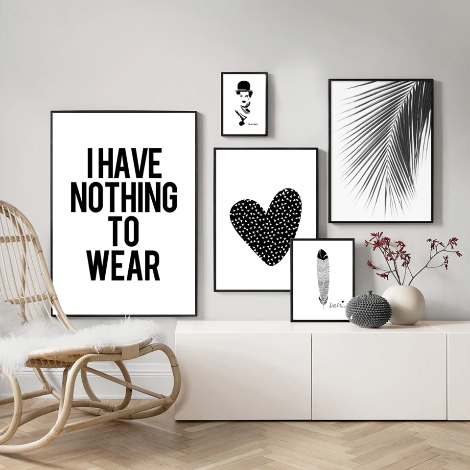 Canvas Painting Home Decor Nordic Black White Heart Palm Leaf Feather Pictures Prints Wall Art Poster For Living Room Modular | Дом и сад