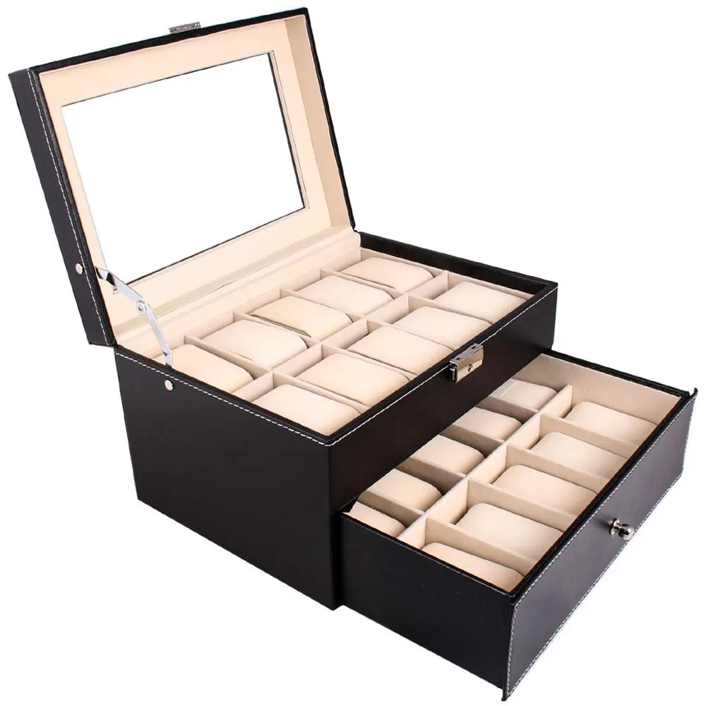

20 Compartments Dual Layers Elegant Wooden Watch Collection Box Black Portable Practical Universal Watch Box