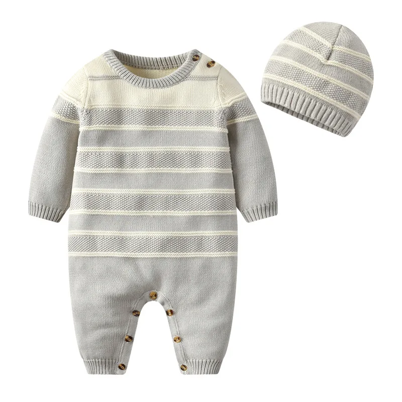 Одежда для новорожденных; хлопковый осенне-зимний детский вязаный комбинезон с шапочкой; комбинезон с длинными рукавами для малышей; комплекты для мальчиков и девочек