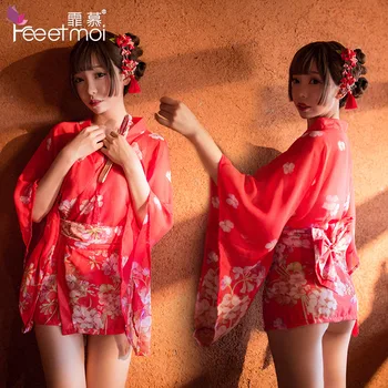 

Japanese clothing High-end Retro kimono red printed chiffon sexy uniform Bowknot decoration woman erotic cosplay adult game