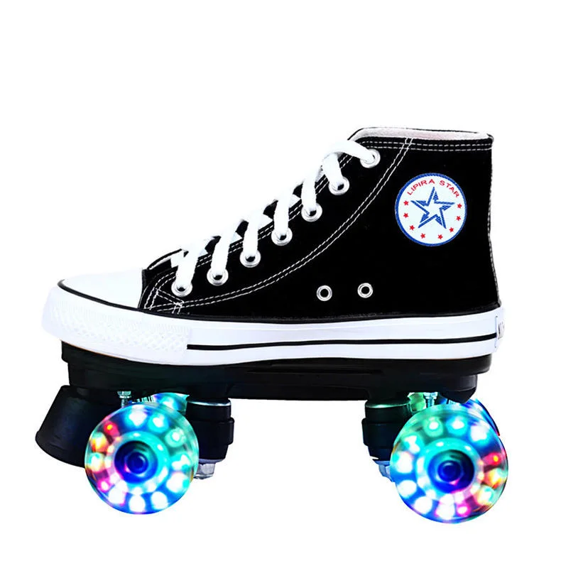 Professional Adult Quad Skates Double Row Roller Skates Unisex Canvas Shoes For Lovers Two Line Flashing Wheels Patines