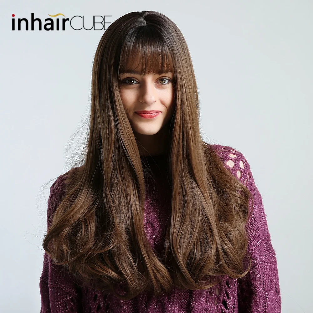 Inhair Cube Synthetic Wigs Dark Brown Long Natural Wave Middle