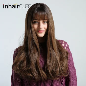 

Inhair Cube Synthetic Wigs Dark Brown Long Natural Wave Middle-part Thin Flat Bangs Simulation Scalp For White/Black Women