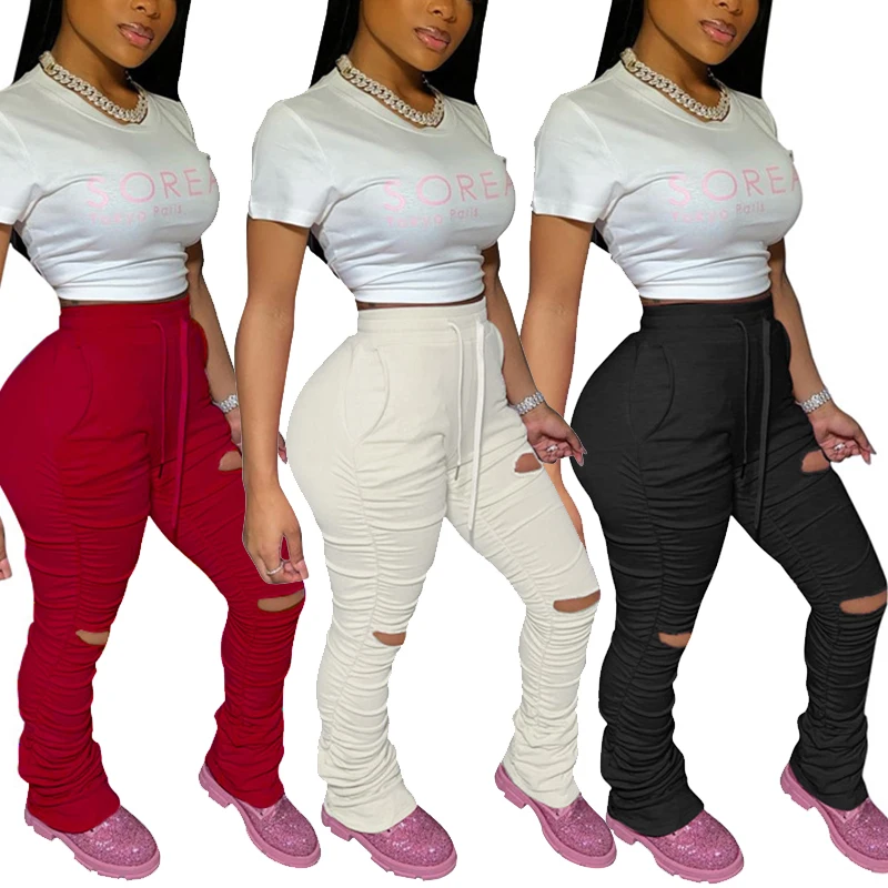 Women High Waist Ruched Bell Bottom Slit Front Floor Length Flare Lounge Stacked Pants Jogger Track Cotton Casual | Женская одежда