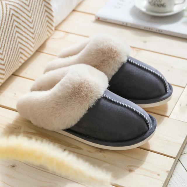 Home Women Full Fur Slippers Winter Warm Plush Bedroom Non-Slip Couples Shoes Indoor Ladies Furry Slippers 3