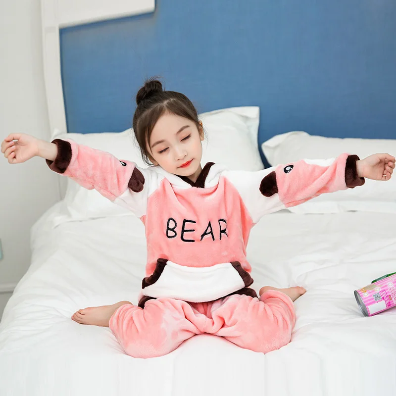 Осенне-зимний детский фланелевый пижамный комплект, мягкий домашний костюм для девочек милые пижамы из кораллового флиса для девочек, От 2 до 12 лет из двух предметов