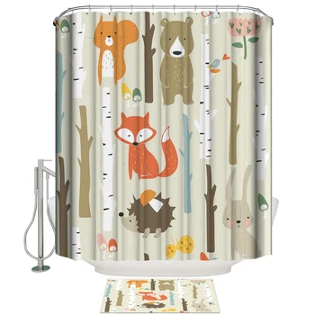 

Cartoon Forest Animal Tree Fox Bear Rabbit Shower Curtains Home Bathroom Decoration Bathroom Shower Curtain Doormat Set