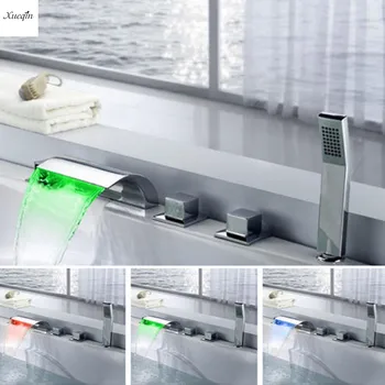 

Bathroom Faucet LED Waterfall Spout 5pcs Mixer Taps ORB Chrome Bathroom Shower Faucet with ABS Handshower