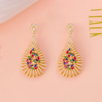 

TIRIM Luxury Multicolourl Dangle Earrings For Women Cubic Zircon Flower Jewelry CZ Big Eardrop Wedding