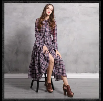 

Women's 2020 spring new vertical collar Plaid large swing skirt retro lace up long dress large swing middle waist Plaid