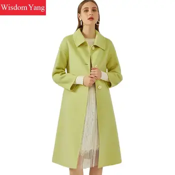 

Autumn Winter Long Coat Womens Sheep Wool Green Korean Coats Wrap Vintage Elegant Woolen Overcoat Office Ladies Outerwear