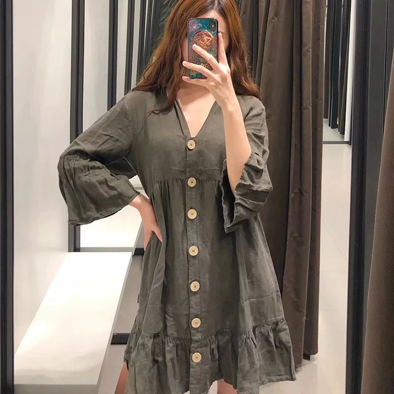

2019 Women Casual Linen Single Breasted Mini Dress Autumn Fashion Pleated Flare Sleeve V-neck Loose Solid Dresses vestidos Femme