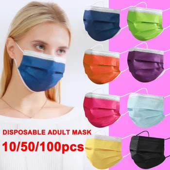 

10/50/100pcs Disposable Mask 3-layer Filter Blue Red Orange Green Breathable Non-woven Earloop Multicolor Adult Mouth Face Mask
