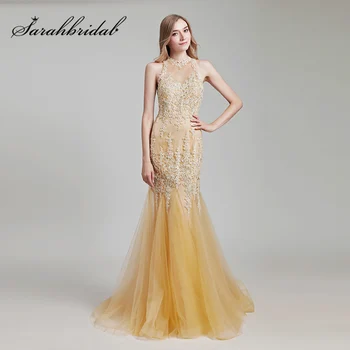 

Elegant High Neck Lace Appliques Evening Dresses with Beading Long Tulle Prom Dress Real Photo in Stock Women Party Gowns OL153