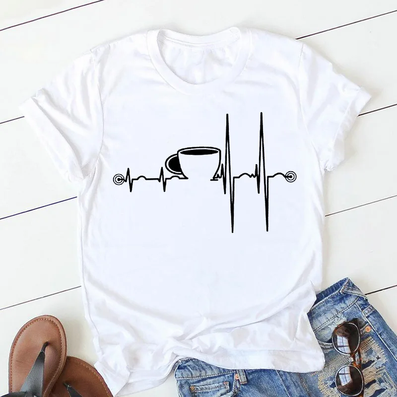 

Heartbeat ECG T-shirt coffee cup printing short-sleeved female T-shirt Harajuku Tumblr graphic T-shirt Femme Hot clothes