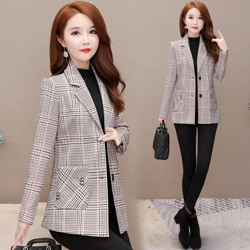 

Plaid Elegant Fashion Small Suit Coat Women's Mid-length 2019 Autumn New Style Korean-style Slim Fit Long-sleeved Upper Garment