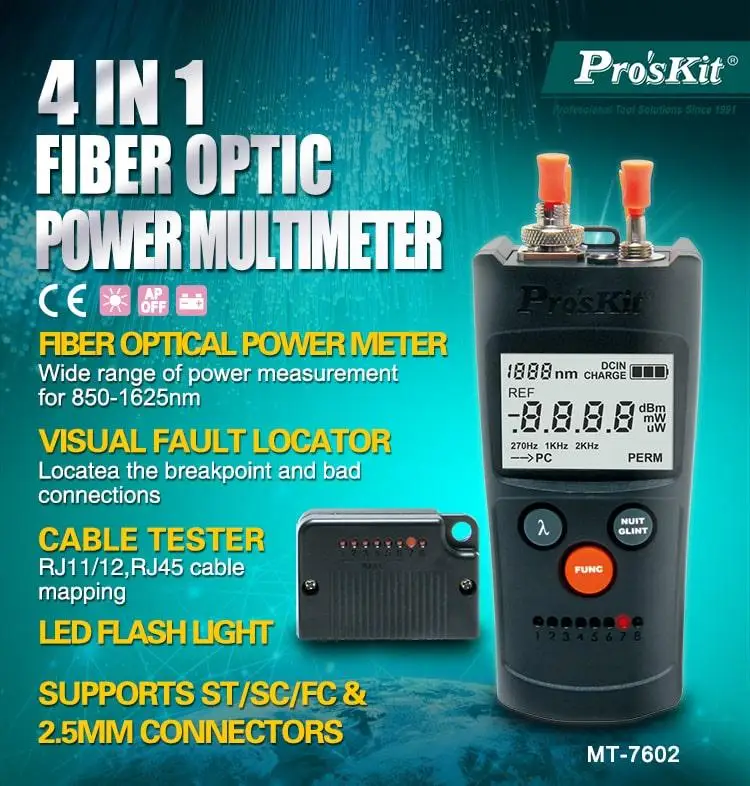 

Original Pro'sKit MT-7602-C 4 IN 1 FIBER OPTICAL POWER MUlTIMETER Laser fiber test pen network tester LED flashlight