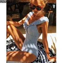 Сексуальный слитный купальник для женщин в стиле ретро с v-образным вырезом, голубой полосатый гофрированный пуш-ап Мягкий купальник с высокой талией, Женский Монокини