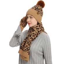 Autumn and winter knitted hat set new leopard pattern warm wool hat scarf glove three piece set