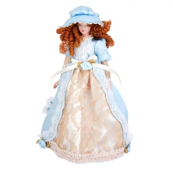 

Dollhouse Miniature Porcelain Cute Dolls Victorian Lady in Dress Hat Stand Pretend Play Classic Dolls