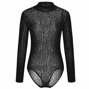 

Sexy Mesh Bodysuit Women Leopard Print Bodysuits Skinny Long Sleeve Body Top Turtleneck Romper Jumpsuit 2019