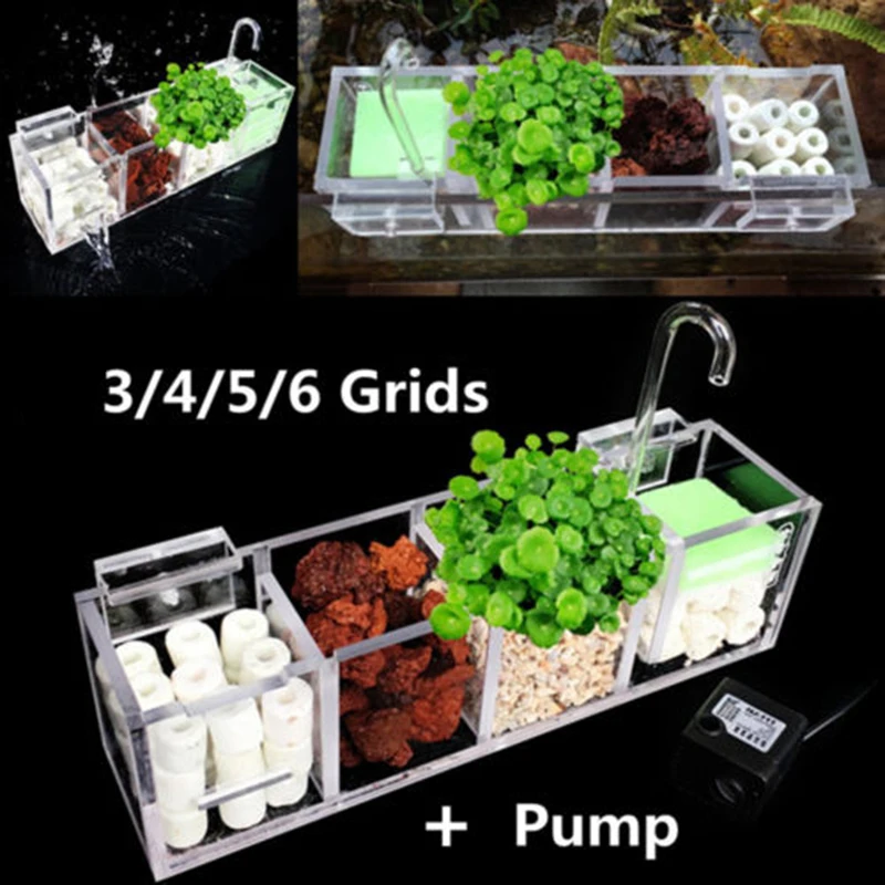 

3-6 Grids Acrylic External Hang On Filter Box Aquarium Fish Tank w/ Water Pump Acrylic water tank