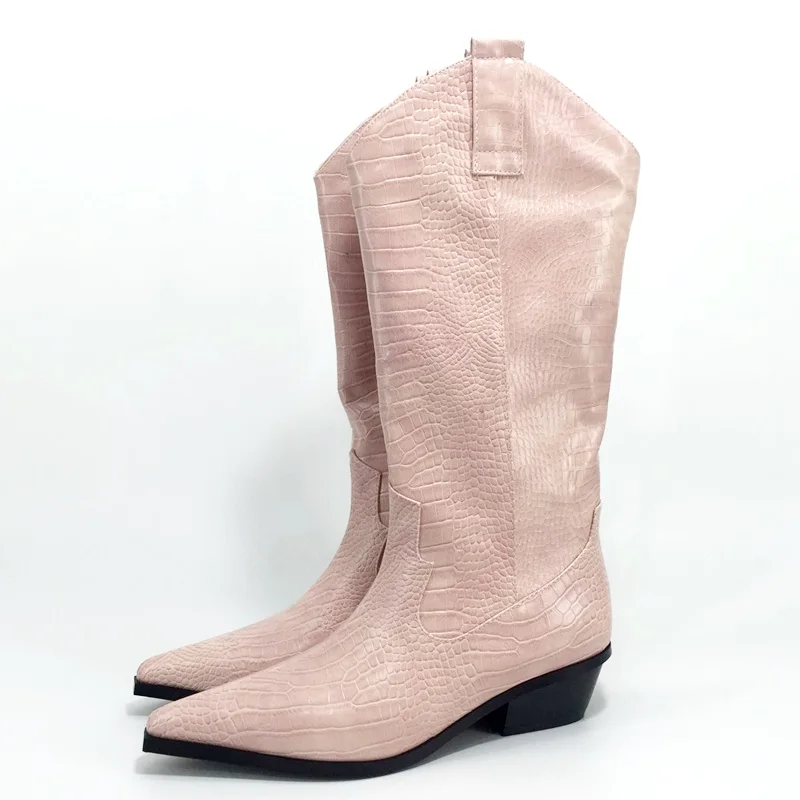 Брендовые модные сапоги до колена; женские ковбойские сапоги из микрофибры в западном стиле; мотоботы на толстом каблуке; зимняя женская обувь розового цвета - Цвет: pink