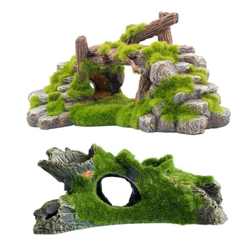 

HOT-Aquarium Resin Mountain View Moss Tree House Cave Fish Tank Ornament Decoration & Resin Moss Bridge Fish Play Cave Decor