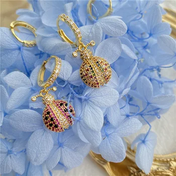 

gold cz ladybird earrings for women red pink cz cubic zircon insect ladybug earrings asymmetry drop earrings Jewelry party gifts