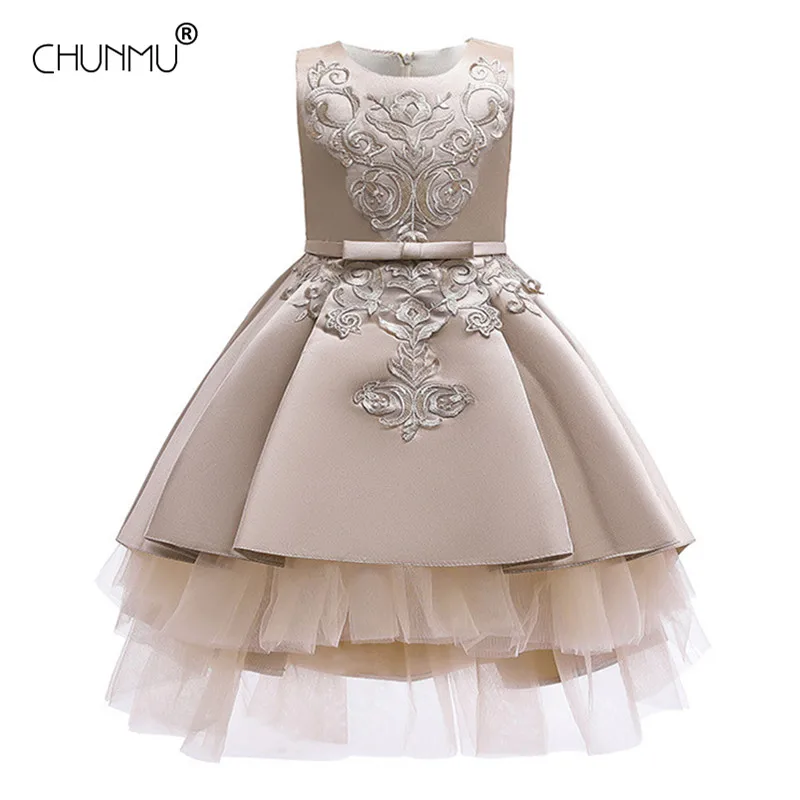 Baby Girl Dress Formal Lace Embroidery First Communion Dresses for Girls Party Wedding Dress Tulle Lace Satin Bow Baby Clothing