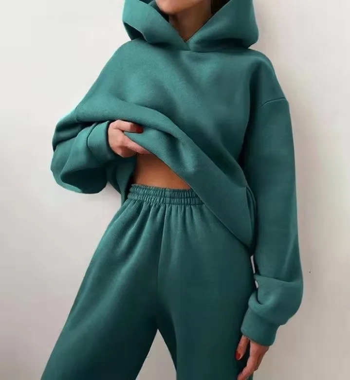 pink pant suit 2021 Autumn Winter Two Piece Set Women Casual Fleece Warm Solid Oversized Hooded Tracksuit Female Long Sleeve Sport Hoodie Suit ladies pant suits Suits & Blazers