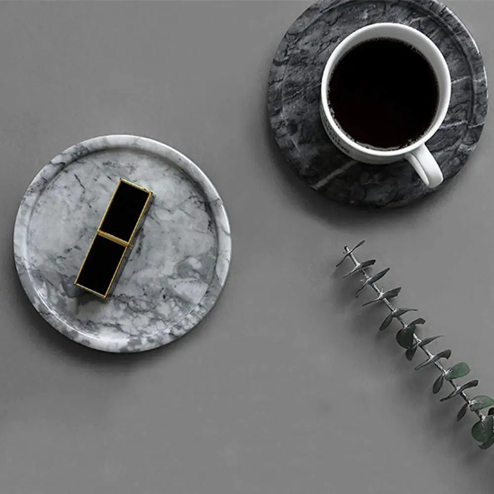 Natural Real Marble Mini Round Tray Decorative Cup Coasters Jewelry Cosmetics Storage Holder (14X14X1.2CM)