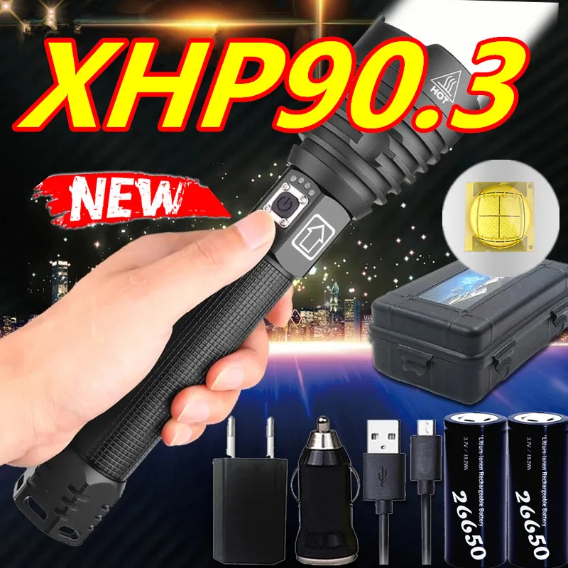 

Super Powerful Xlamp XHP90 26650 battery LED Flashlight Tactical XHP70 Flash light USB Rechargeable Waterproof Lamp for Camping