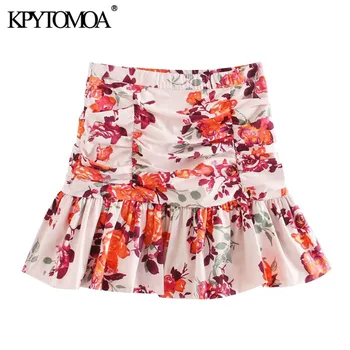 

KPYTOMOA Women 2020 Chic Fashion Floral Print Ruffled Mini Skirt Vintage A Line Side Zipper Pleated Female Skirts Faldas Mujer