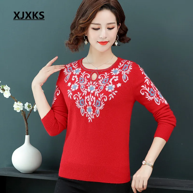 XJXKS High-end women sweater pullover autumn winter new fashion diamond fine print women mink cashmere sweater - Цвет: Красный