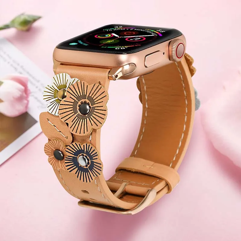 Ремешок для часов из натуральной кожи с цветами для iWatch Apple Watch Series 5 4 3 2 1 44 мм 40 мм 42 мм 38 мм женский ремешок со стальной застежкой