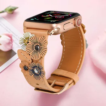 

Flower Genuine Leather Watchband for iWatch Apple Watch Series 5 4 3 2 1 44mm 40mm 42mm 38mm Women Band Steel Clasp Strap Belt