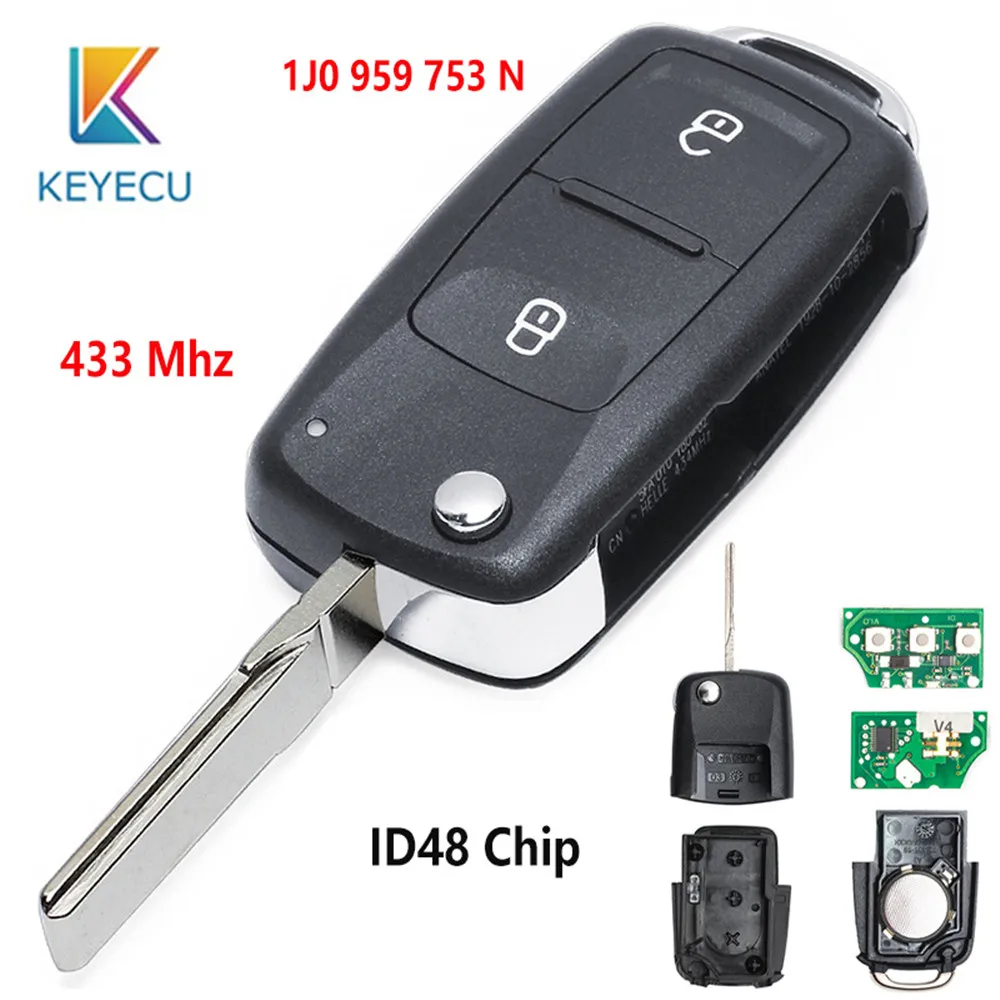 KEYECU 433 МГц ID48 чип FCC ID: 1J0 959 753 N Флип складной 2 кнопки дистанционного брелока для V* W для Volkswagen Golf, Lupo Passat Polo