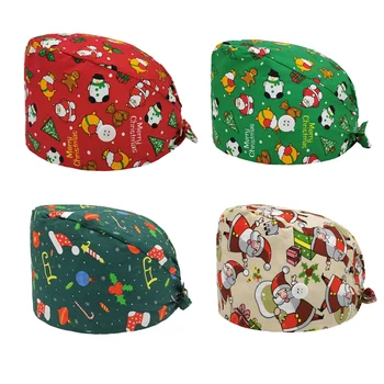 Billige NEUE Unisex Baumwolle Cartoon Weihnachten Druck Peeling Hut Einstellbar Scrubs Kappe Schönheit Salon Matt Kappe Labor Pet Shop Peeling Kappe